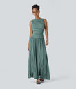 Ribbed Boat Neck Asymmetric Strap Ruched Pocket Flowy Maxi Casual Dress - Clear Green