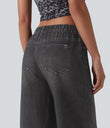 Mid Rise Denim Print French Terry Casual Sweatpants Jeans with Pockets - Smoky Washed Black