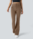 High Waisted Side Flap Pocket Flare Casual Cargo Pants - Burro
