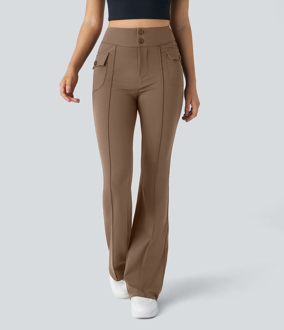 High Waisted Side Flap Pocket Flare Casual Cargo Pants - Burro