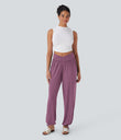 Crossover High Waisted Pocket Drawstring Casual Joggers - Red Violet Floral Yarn