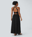 Twisted Backless Split Flowy Maxi Resort Dress with Pockets - Black