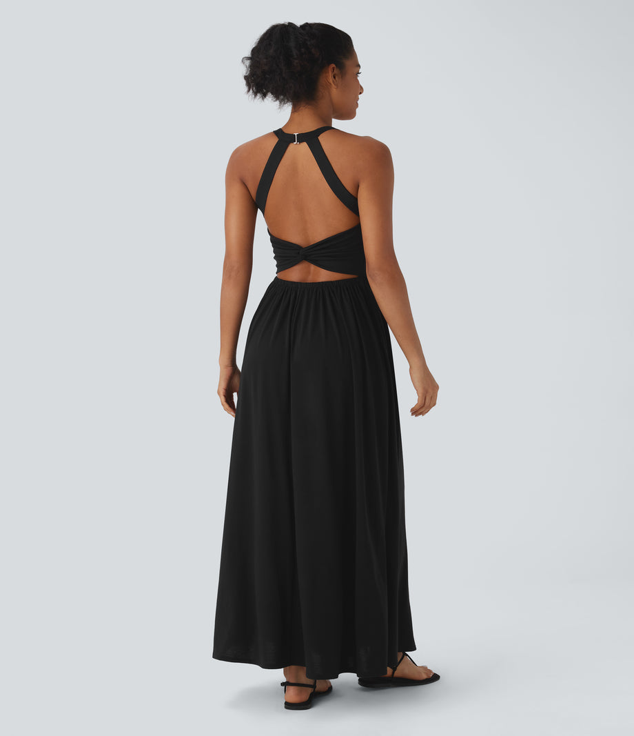 Twisted Backless Split Flowy Maxi Resort Dress with Pockets - Black