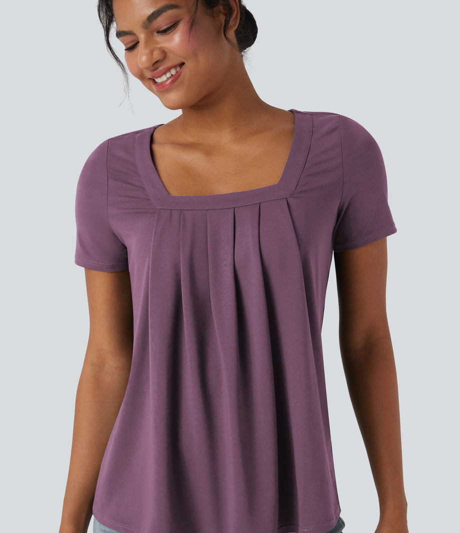 Square Neck Short Sleeve Casual Top - Argyle Purple