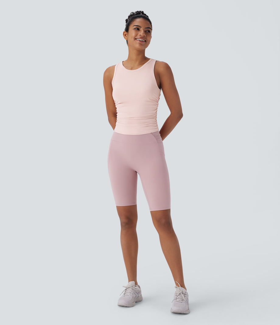 Round Neck Racerback Ruched Yoga Tank Top - Veiled Pink