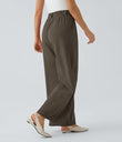 High Waisted Pocket Wide Leg Flowy Solid Palazzo Casual Linen-Feel Pants - Dark Earthy Brown