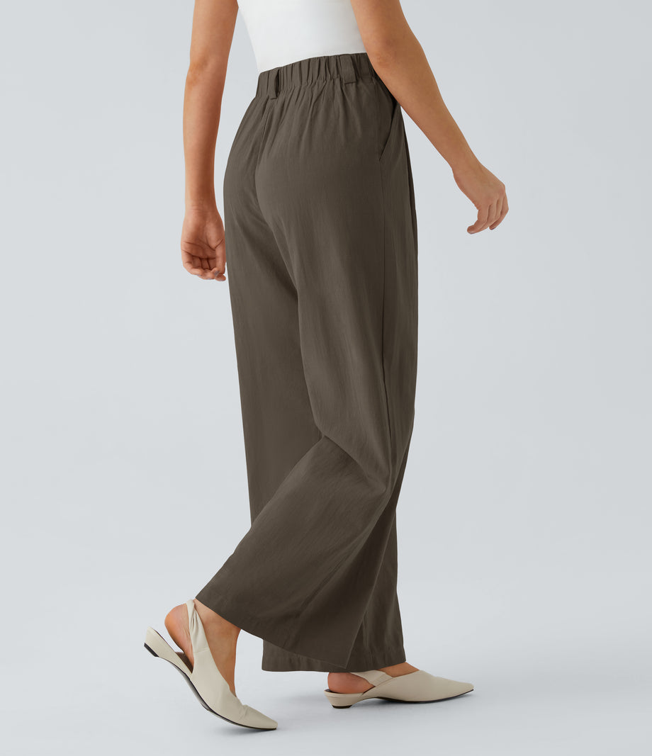 High Waisted Pocket Wide Leg Flowy Solid Palazzo Casual Linen-Feel Pants - Dark Earthy Brown