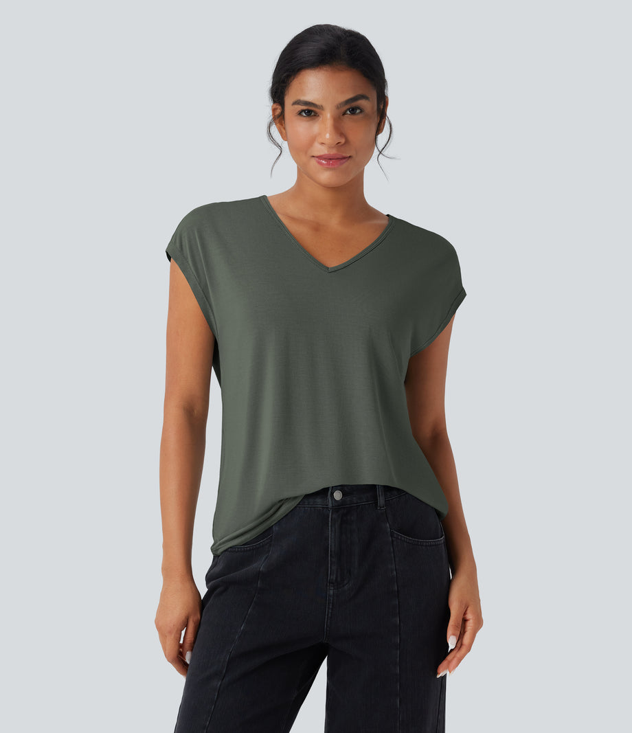 V Neck Short Sleeve Casual T-Shirt - Lone Pine Green