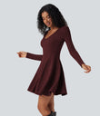 Ribbed Knit V Neck Long Sleeve Flare Mini Casual Dress with Pockets - Wine Red Floral Yarn