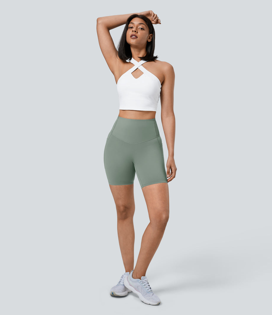 Halara UltraSculpt™ High Waisted Tummy Control Pocket Shaping Training Biker Shorts 7'' - Iceberg Green