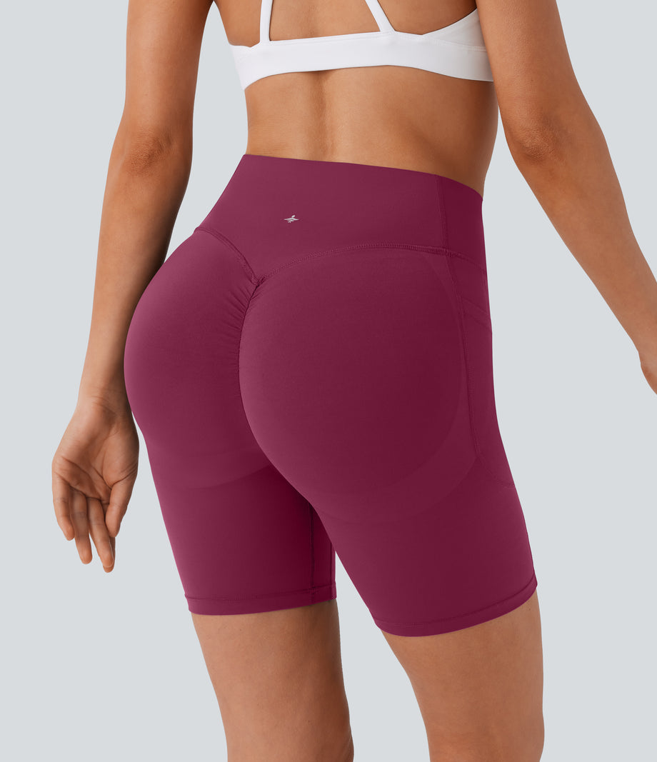 Halara UltraSculpt™ High Waisted Scrunch Butt Lifting Tummy Control Side Pocket Shaping Workout Biker Shorts 7'' - Red Plum