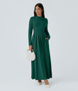 Mock-neck Long Sleeve Pocket Flare Maxi Casual Dress - Rain Forest
