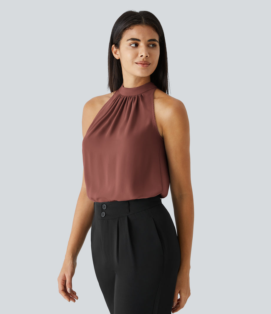 Keyhole Back Halter Sleeveless Curved Hem Work Blouse - Mahogany