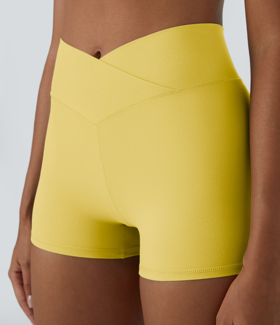 SoftlyZero™ High Waisted Crossover Plain Yoga Biker Shorts 3''-UPF50+ - Lemon Meringue