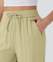High Waisted Drawstring Pocket Wide Leg Baggy Casual Linen-Feel Pants - Golden Mist