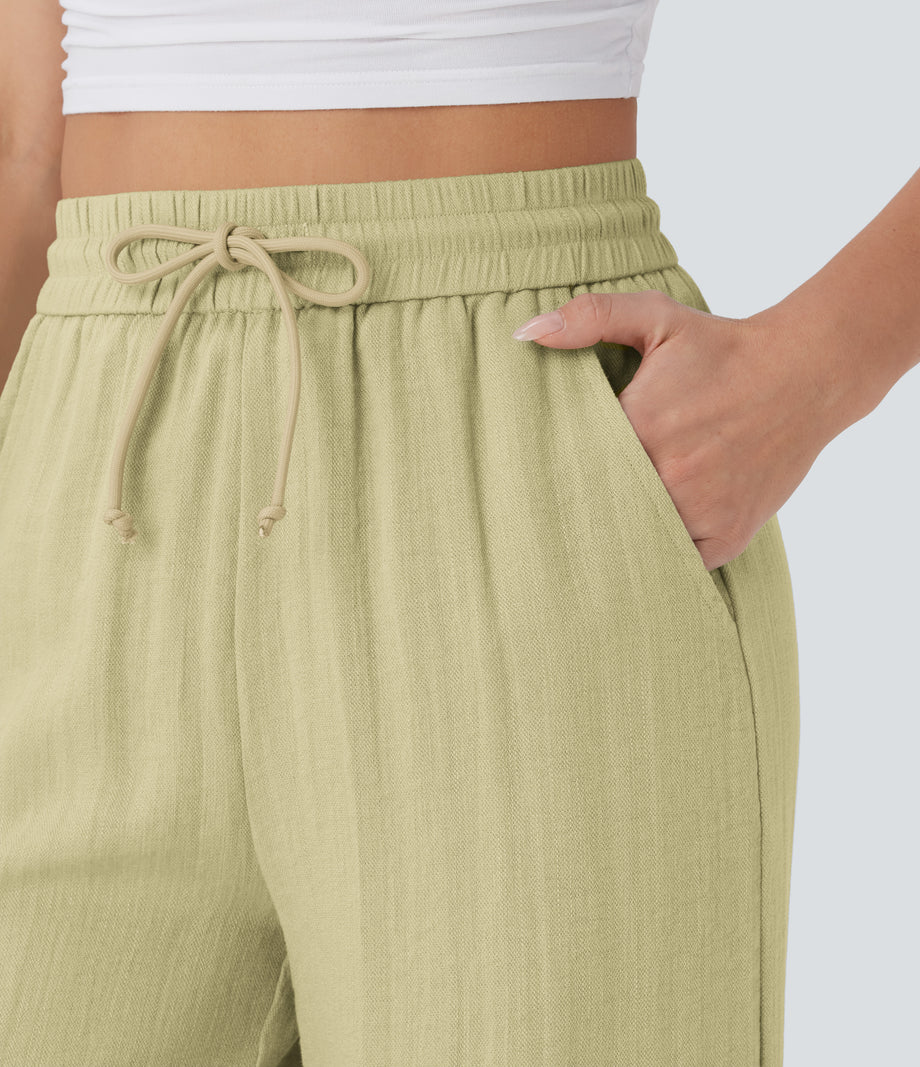 High Waisted Drawstring Pocket Wide Leg Baggy Casual Linen-Feel Pants - Golden Mist