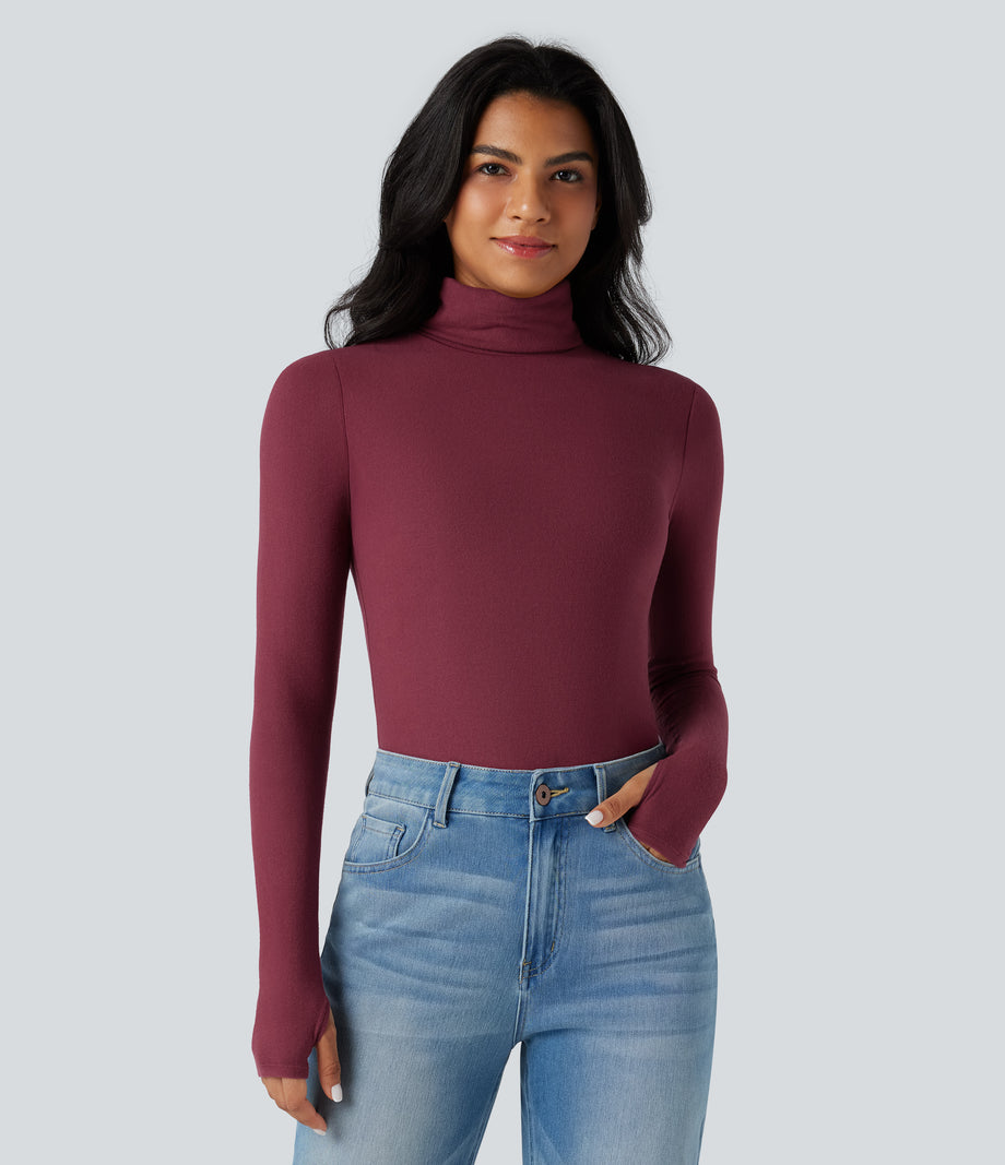 Halara HeatCore Turtleneck Long Sleeve Thumb Hole Casual Warming Top - Cordovan