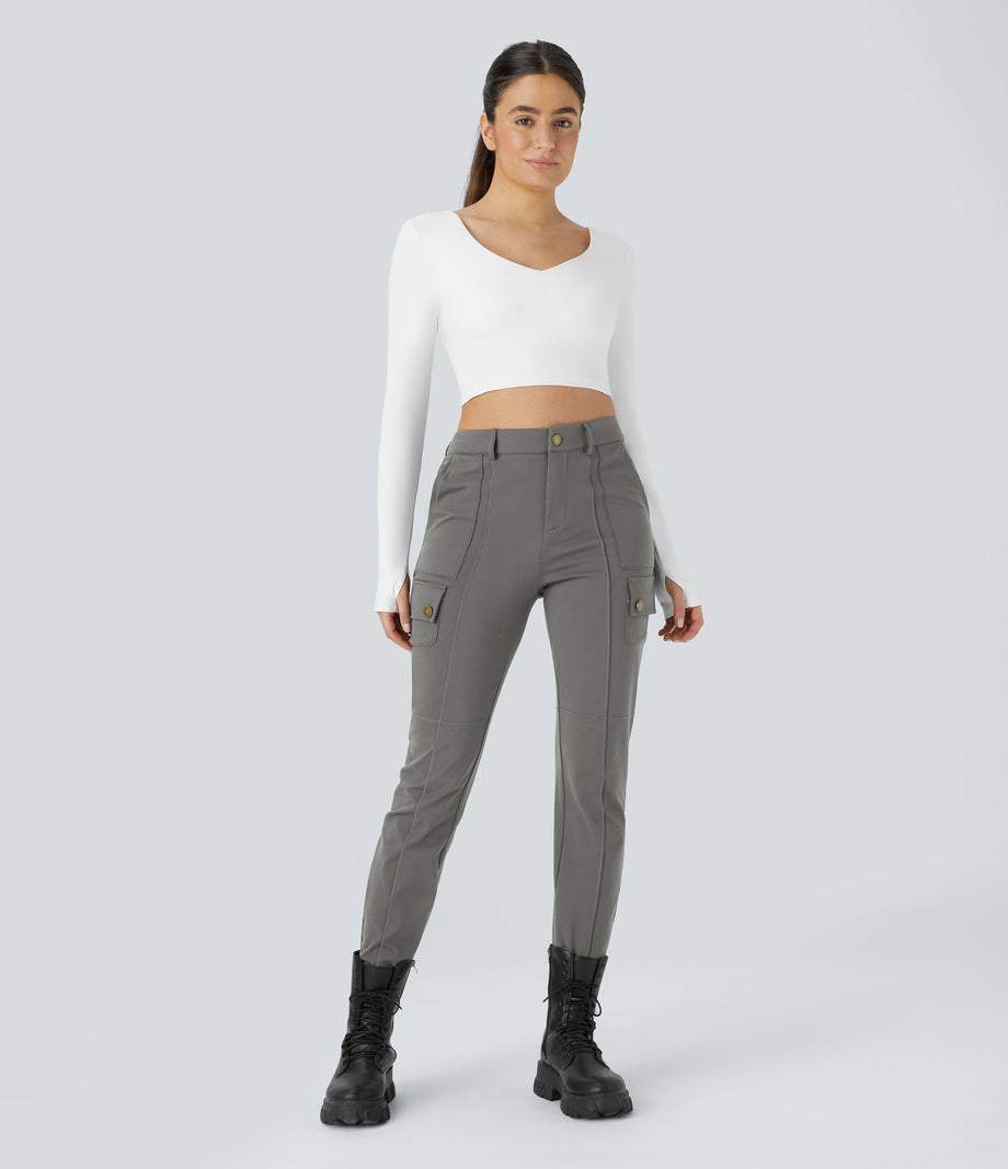 DayStretch High Waisted Zipper Pockets Solid Skinny Cargo Pants - Silent Storm