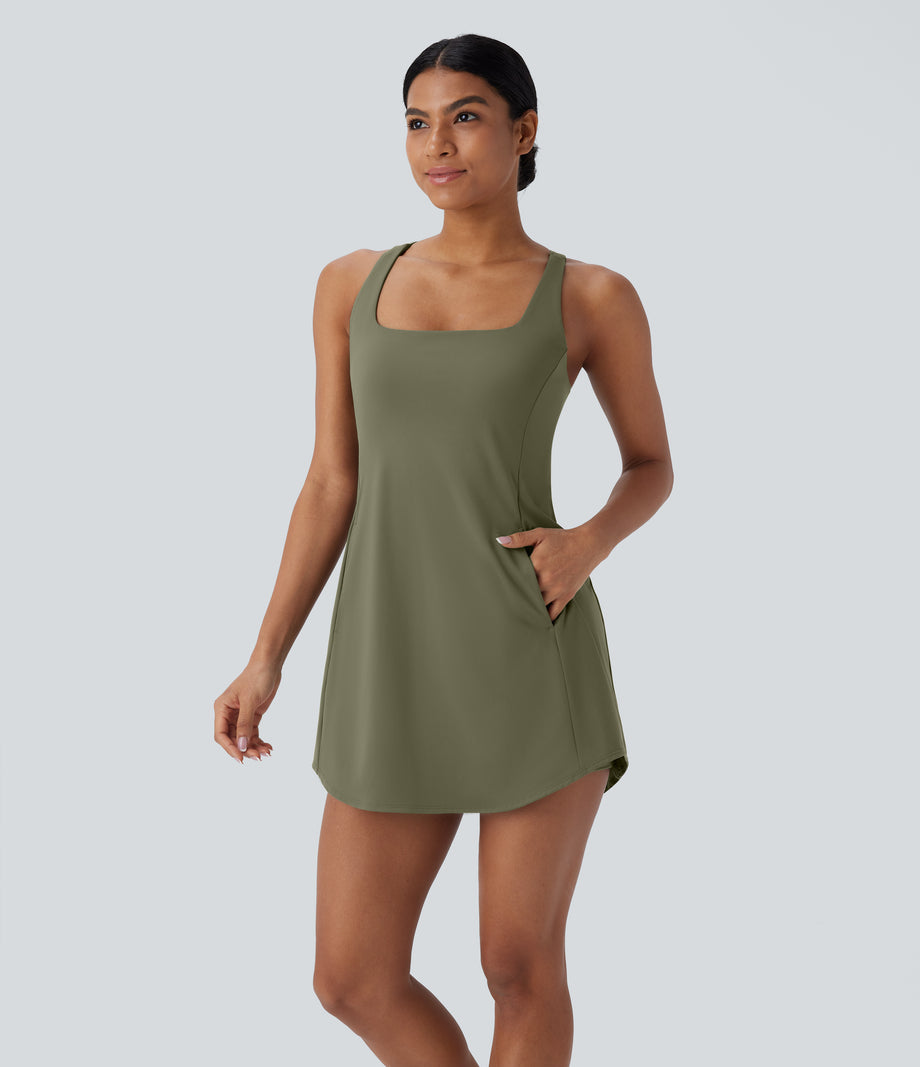 SoftlyZero™ Plush Cut Out Pocket 2-Piece Mini Yoga Active Dress - Grass Grey Green