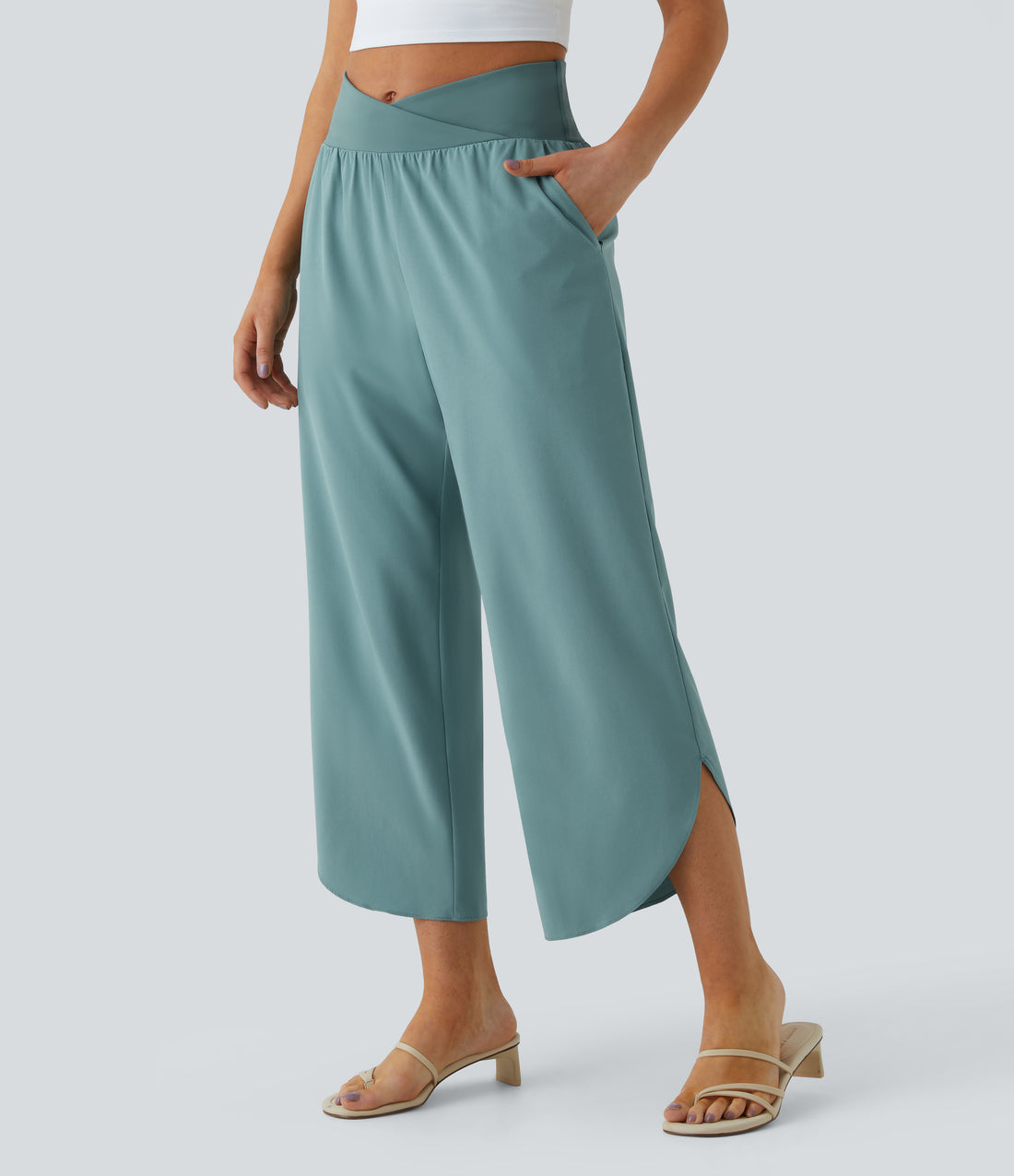 Breezeful™ High Waisted Crossover Quick Dry Resort Pants with Pockets - Stone Blue