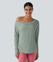 One Shoulder Long Sleeve Thumb Hole Curved Hem High Low Quick Dry Yoga Sports Top-Built-in Bra - Iceberg Green