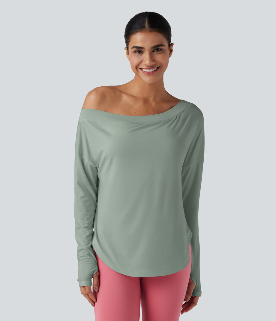 One Shoulder Long Sleeve Thumb Hole Curved Hem High Low Quick Dry Yoga Sports Top-Built-in Bra - Iceberg Green