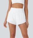 SoftlyZero™ QuickDry High Waisted Tummy Control Reflective Dots Crossover Hem 2-in-1 Running Shorts 3'' with Pockets - White