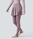 Breezeful™ High Waisted Pleated 2-in-1 Contrast Mesh Quick Dry Dance Stirrup Skirted Leggings with Pockets - Elderberry