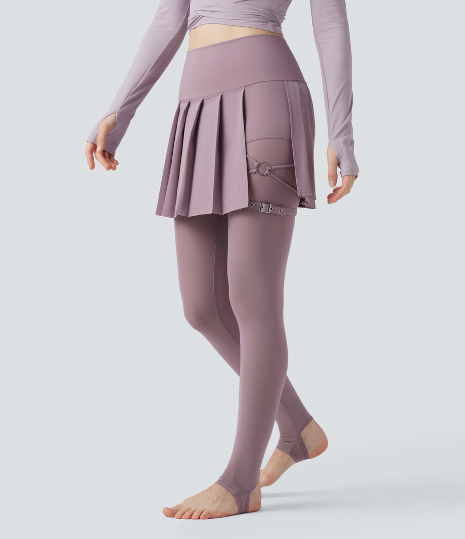 Breezeful™ High Waisted Pleated 2-in-1 Contrast Mesh Quick Dry Dance Stirrup Skirted Leggings with Pockets - Elderberry
