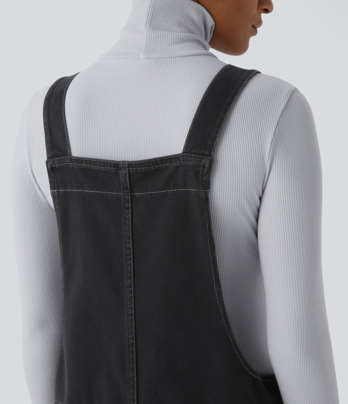 Halara Flex™ V Neck Pocket Washed Denim Casual Overalls - Dirty Grey Black Denim