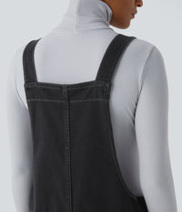 Halara Flex™ V Neck Pocket Washed Denim Casual Overalls - Dirty Grey Black Denim