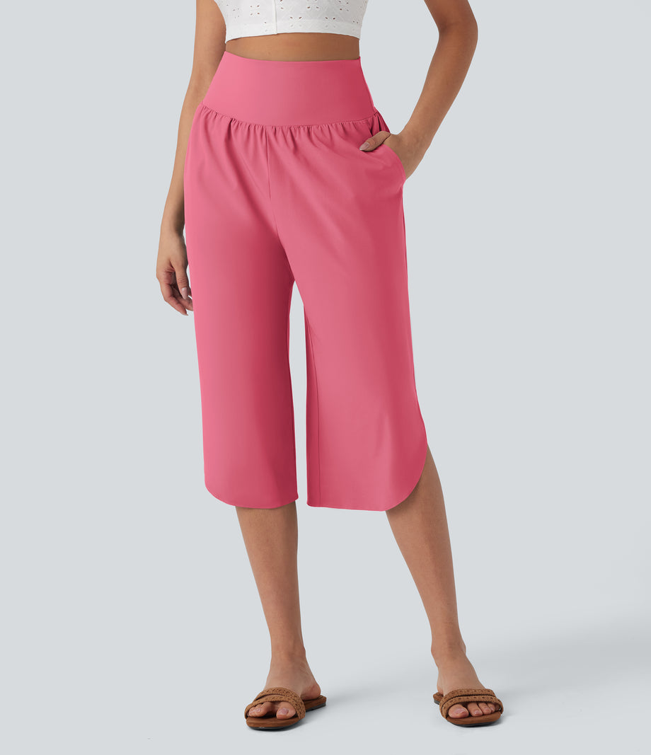 Breezeful™ High Waisted Tummy Control Hem Quick Dry Capri Pants with Pockets - Pink Lemonade