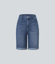 Halara Flex™ High Waisted Pockets Rolled Hem Washed Denim Casual Bermuda Shorts - Paint Blue Denim