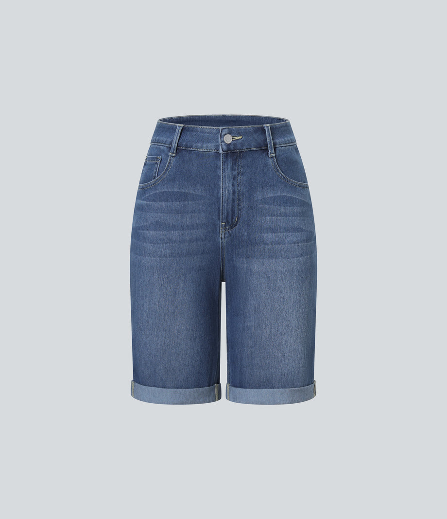 Halara Flex™ High Waisted Pockets Rolled Hem Washed Denim Casual Bermuda Shorts - Paint Blue Denim