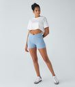 Halara Flex™ High Waisted Crossover Pocket Denim Casual Shorts 3" - Washed Denim Sunny Blue
