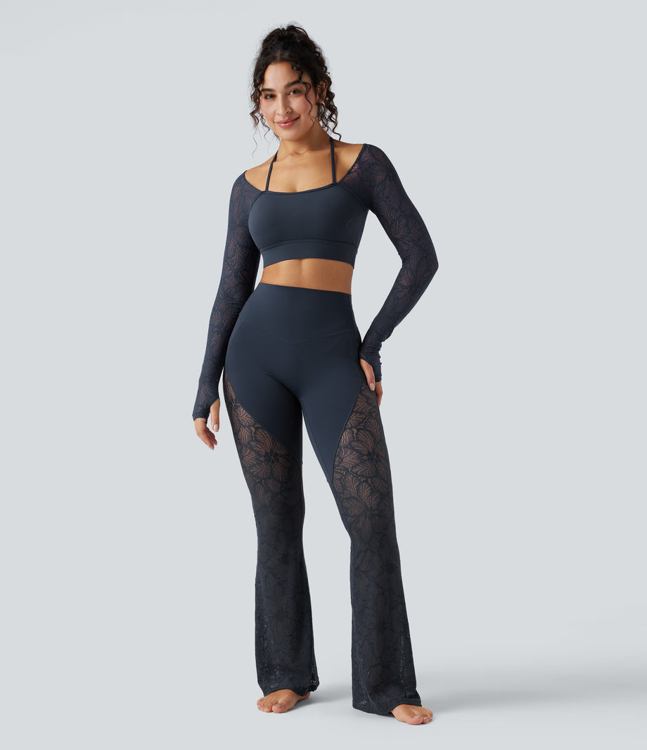 Halara UltraSculpt™ High Waisted Tummy Control Contrast Lace Yoga Flare Leggings with Pocket - Carbon