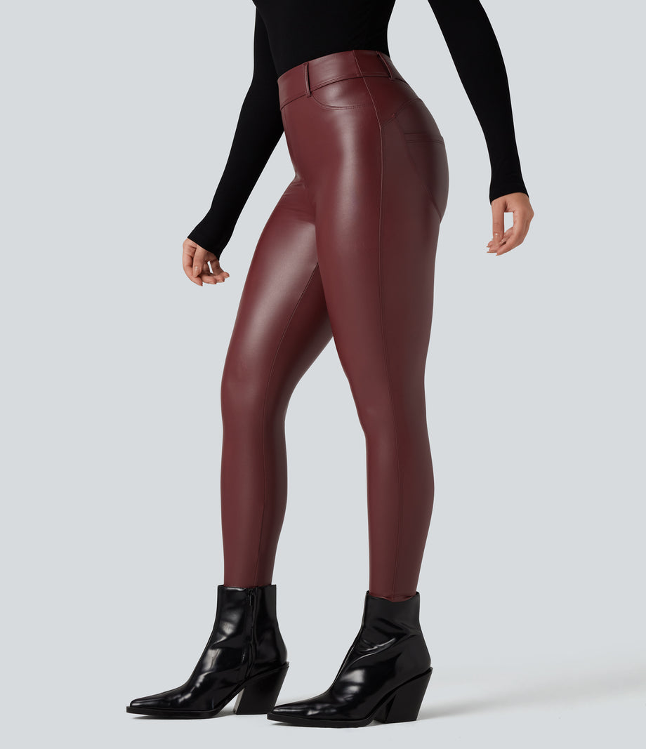 High Waisted Stretchy PU Fleece Casual Leggings with Pockets - Andorra
