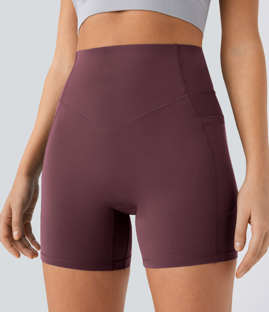 Halara UltraSculpt™ High Waisted Scrunch Butt Lifting Tummy Control Pocket Shaping Workout Biker Shorts 5'' - Evening Red
