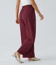 High Waisted Pocket Wide Leg Flowy Solid Palazzo Casual Linen-Feel Pants - Biking Red