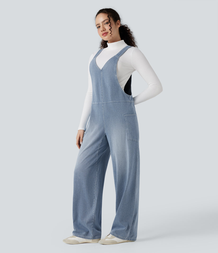 Halara Flex™ V Neck Pocket Washed Denim Casual Overalls -  Blue Jasper Denim