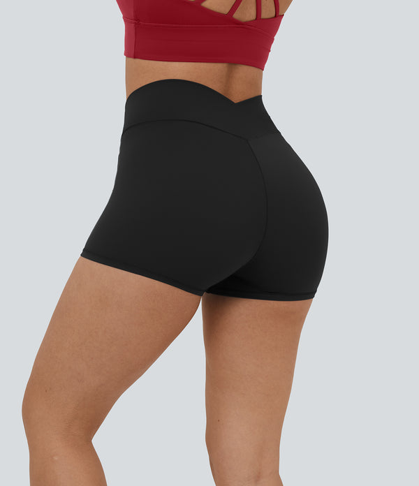 SoftlyZero™ High Waisted Crossover Plain Yoga Biker Shorts 3''-UPF50+ - Black