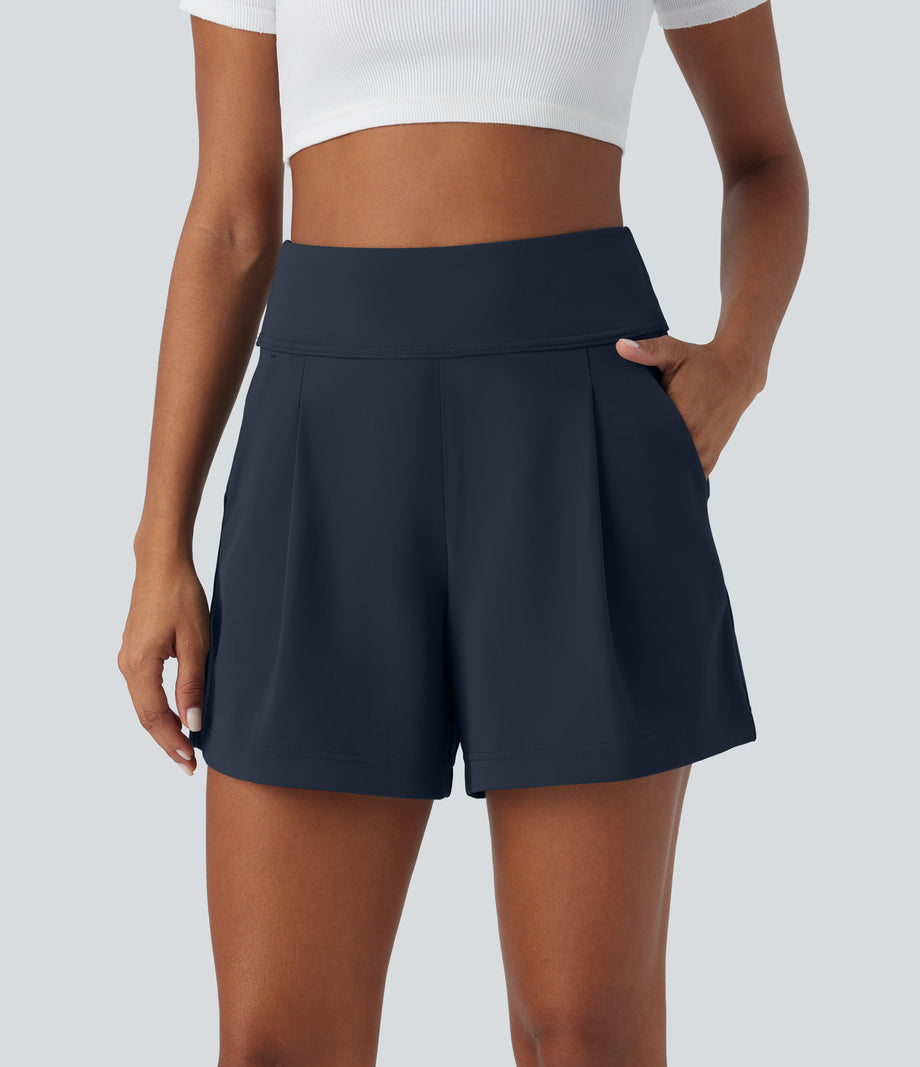 DayStretch High Waisted Work Baggy Shorts 4'' with Pockets - Midnight Blue