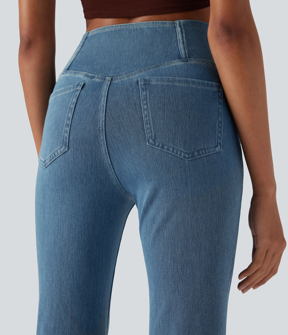 Halara Flex™ High Waisted Crossover Pocket Washed Casual Jeans - Tide Blue Denim