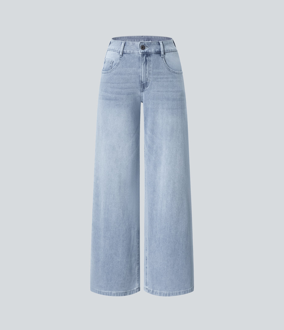 Halara Flex™ Low Rise Zipper Pockets Washed Baggy Wide Leg Casual Jeans - Light Azure Denim