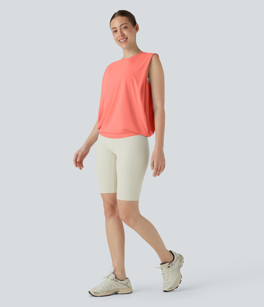 Round Neck Ruched Cool Touch Yoga Tank Top-UPF50+ - Fusion Coral