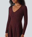 Ribbed Knit V Neck Long Sleeve Flare Mini Casual Dress with Pockets - Wine Red Floral Yarn