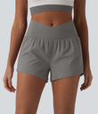 SoftlyZero™ Airy Crossover High Waisted 2-in-1 Cool Touch Yoga Shorts 3'' with Pockets - Steeple Gray
