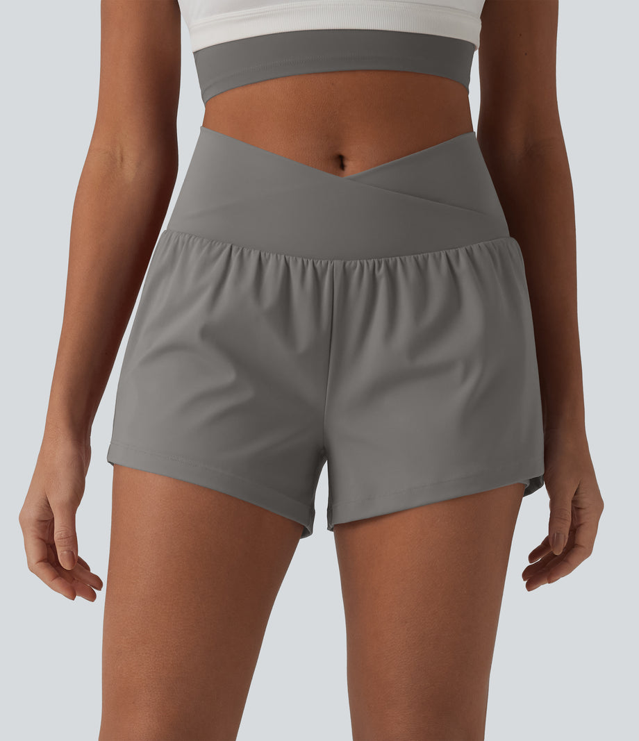 SoftlyZero™ Airy Crossover High Waisted 2-in-1 Cool Touch Yoga Shorts 3'' with Pockets - Steeple Gray