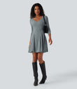 Ribbed Knit V Neck Long Sleeve Flare Mini Casual Dress with Pockets - Light Blue Floral Velvet