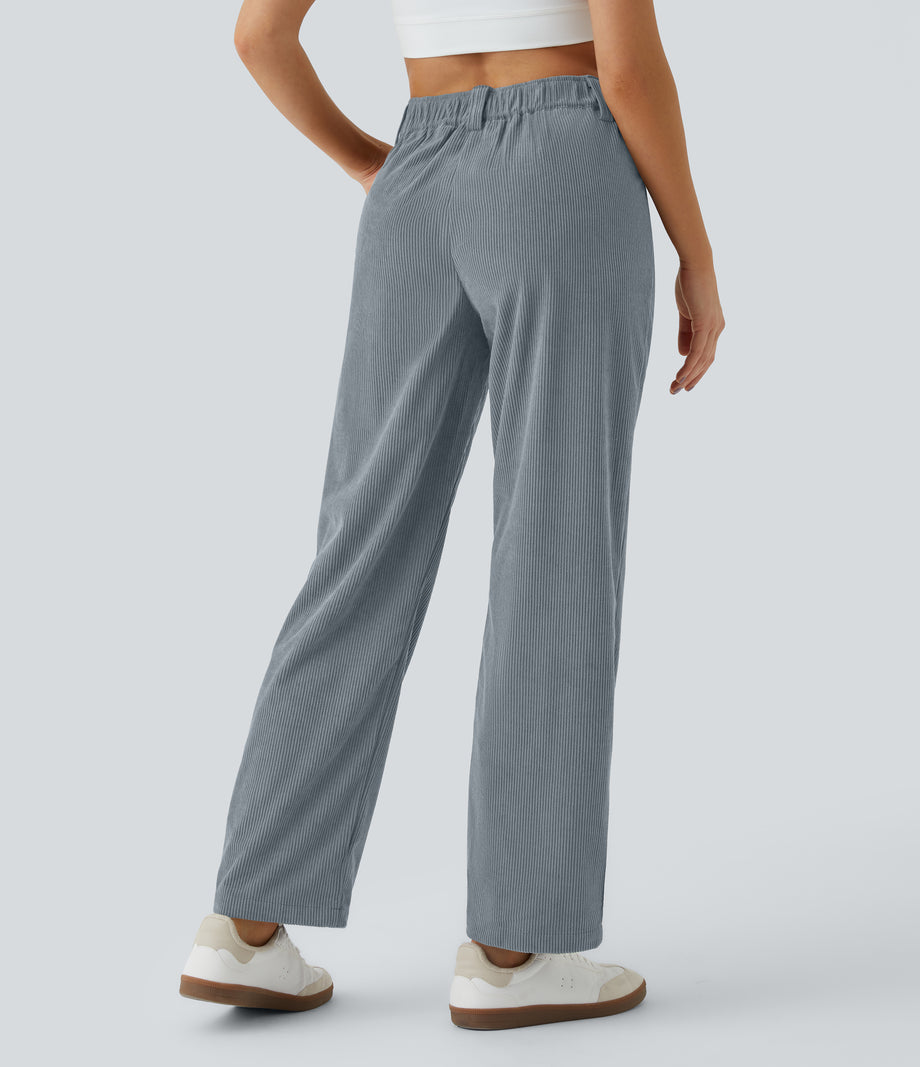 Mid Rise Zipper Pocket Corduroy Casual Pants - Blue Flower Gray